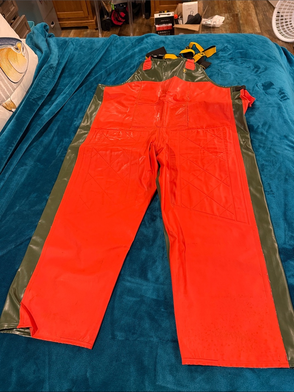 Orange Waterproof Bib Overalls with Olive Trim
